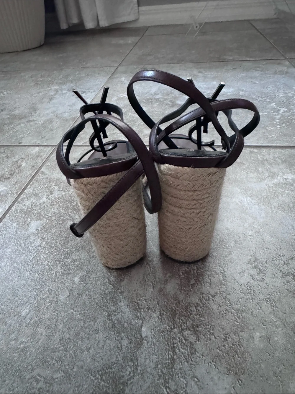 Saint Laurent Brown Leather YSL Logo Espadrille Wedge Sandals